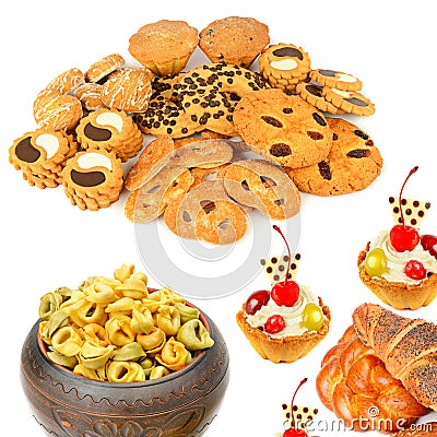 Assortment of dough products: cookies, cakes, buns and ravioli isolated on white. Collage Stock Photo