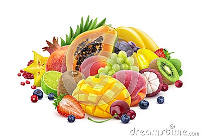 Assortment of exotic fruits and berries isolated on white background with clipping path Stock Photo