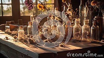 An assortment of flowers and herbs to make essential oils. Rustic health and wellness lifestyle image Stock Photo