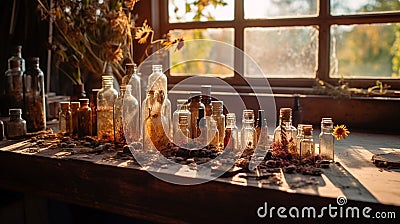 An assortment of flowers and herbs to make essential oils. Rustic health and wellness lifestyle image Stock Photo