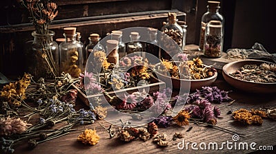 An assortment of flowers and herbs to make essential oils. Rustic health and wellness lifestyle image Stock Photo