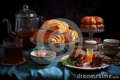 an assortment of french pastries with tea set Stock Photo