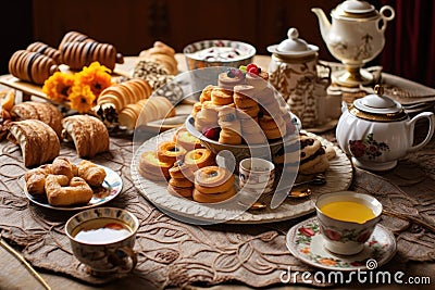 an assortment of french pastries with tea set Stock Photo