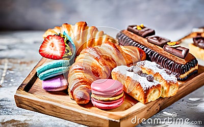 assortment of french pastries on a wooden tray Stock Photo