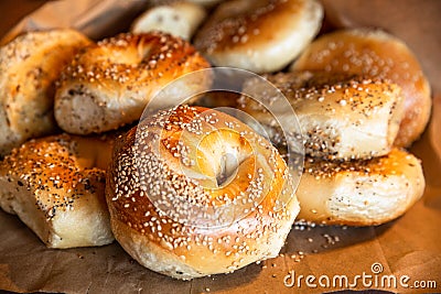 New York Style Bagels with seeds Stock Photo