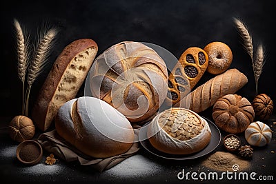 Assortment of fresh baked bread on dark background, Generative AI Stock Photo