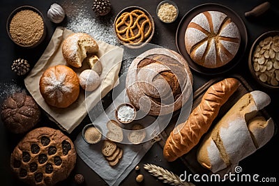 Assortment of fresh baked bread on dark background, bakery rustic crusty loaves of bread and buns on black. generative AI Stock Photo