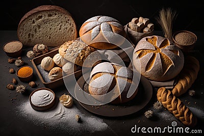 Assortment of fresh baked bread on dark background, Generative AI Stock Photo