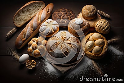 Assortment of fresh baked bread on dark background, Generative AI Stock Photo