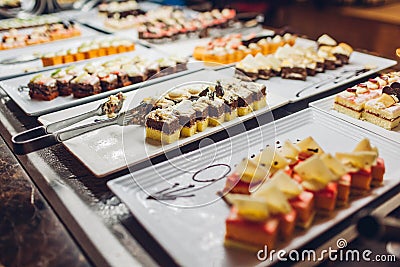 Assortment of fresh desserts displayed in hotel buffet. Variety of cakes in canteen ready for dinner Stock Photo