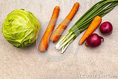 Assortment fresh organic vegetables. Food cooking stone background. Ingredients for cole slaw salad. Healthy vegetarian vegan Stock Photo