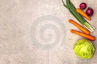 Assortment fresh organic vegetables. Food cooking stone background. Ingredients for cole slaw salad. Healthy vegetarian vegan Stock Photo