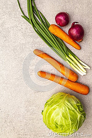 Assortment fresh organic vegetables. Food cooking stone background. Ingredients for cole slaw salad. Healthy vegetarian vegan Stock Photo