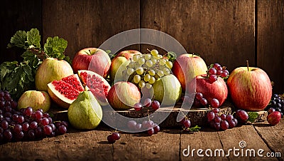 Assortment fruits, apples, pears, grapes, mixed watermelon vitamin vegetarian old wooden background Stock Photo