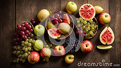 Assortment fruits, apples, pears, raw , rustic group mixed agriculture collection vegetarian old wooden background Stock Photo