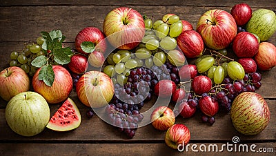 Assortment fruits, apples, pears, raw , rustic seasonal mixed agriculture watermelon collection vegetarian old wooden background Stock Photo