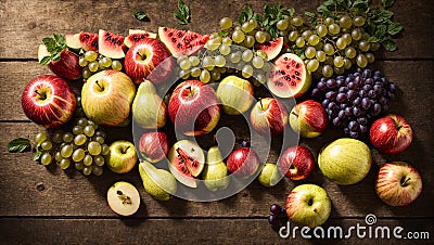 Assortment fruits, apples, pears, raw , rustic group mixed agriculture watermelon collection vegetarian old wooden background Stock Photo