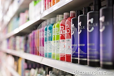 Assortment of haircare products in cosmetic shop of Barcelona Editorial Stock Photo