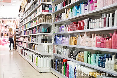 Assortment of haircare products in cosmetic shop of Barcelona Editorial Stock Photo