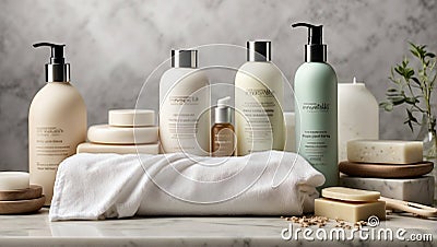 Assortment of health and beauty skin and hair care products Stock Photo