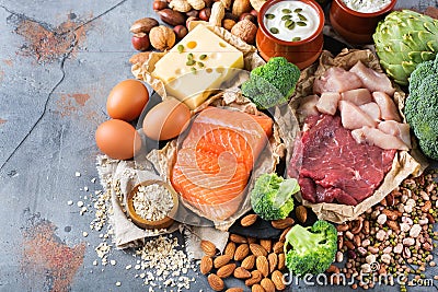 Assortment of healthy protein source and body building food Stock Photo