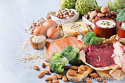 Assortment of healthy protein source and body building food Stock Photo