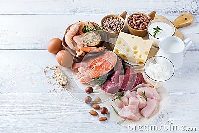 Assortment of healthy protein source and body building food Stock Photo