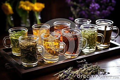 an assortment of herbal teas in glass mugs on a tray Stock Photo