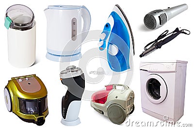 Assortment of household appliances isolated on white background Stock Photo