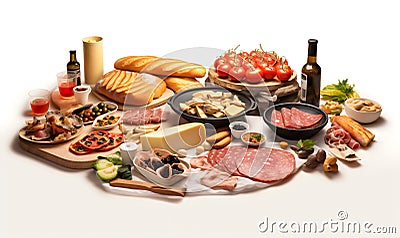 Assortment of italian antipasti food on white background. Stock Photo