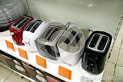 Assortment of a kitchen fashionable modern beautiful stylish appliances at household store Editorial Stock Photo