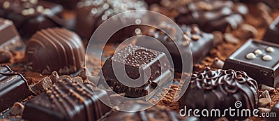 An assortment of luxurious chocolates with various fillings and toppings, featuring dark, milk, and white varieties Stock Photo