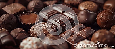 An assortment of luxurious chocolates with various fillings and toppings, featuring dark, milk, and white varieties Stock Photo