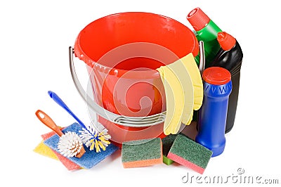 Assortment of means for cleaning isolated Stock Photo