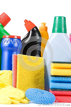 Assortment of means for cleaning isolated Stock Photo