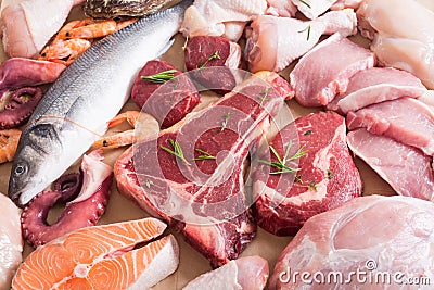 Assortment of meat and seafood Stock Photo