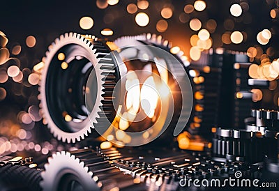 An assortment of metallic gears and sprockets against a backdrop of blurred-colored lights Cartoon Illustration