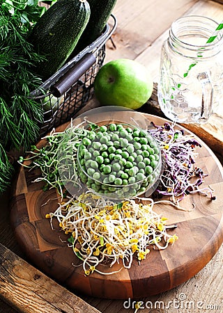 Assortment of micro greens. Growing kale, alfalfa, sunflower, ar Stock Photo