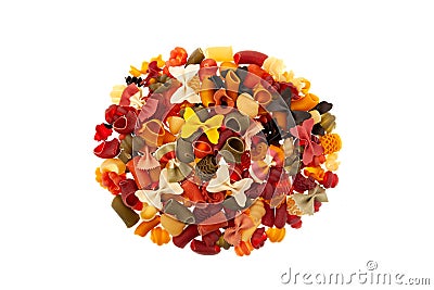 Assortment multicolored pasta different types on white background, top view. Italian pasta with a variety of vegetable flavors. Stock Photo