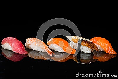 Assortment of nigiri sushi with shrimp, salmon, tuna and eel Stock Photo