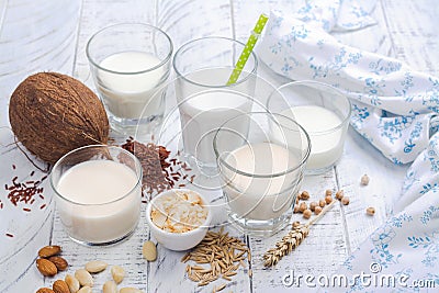 Assortment of non dairy vegan milk and ingredients Stock Photo