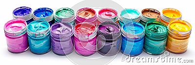 Assortment of open paint cans on a colorful and vibrant background with multiple hues Stock Photo