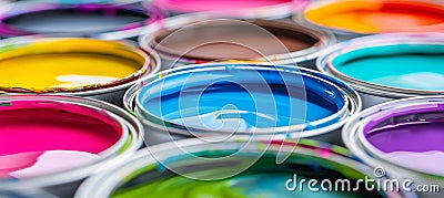 Assortment of open paint cans displaying various colors on a lively and vibrant background Stock Photo