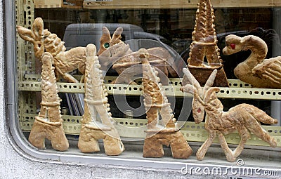 Assortment of pastries in Parisian bakery window Stock Photo