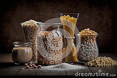 Assortment of raw cereals, grains and pasta in glass jars on wooden table. Healthy cooking, clean eating, zero waste concept. Cartoon Illustration