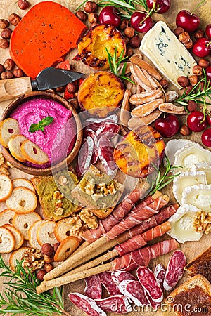 Assortment of spanish tapas or italian antipasti with hummus Stock Photo