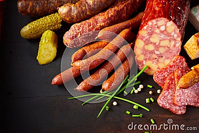 Assortment of speciality seasoned spicy sausages Stock Photo