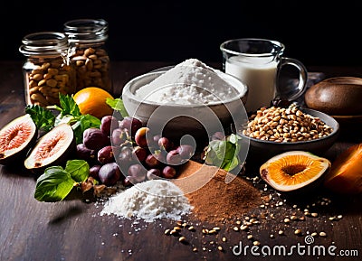 Assortment with spices dried fruit and carbohydrates,fruits and vegetables Stock Photo