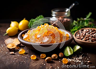 Assortment with spices dried fruit and carbohydrates,fruits and vegetables Stock Photo