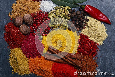 Assortment of spices seasoning on a black stone Stock Photo